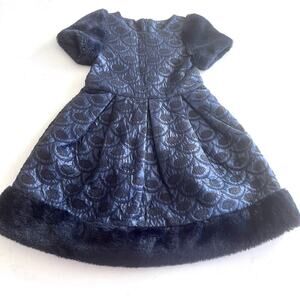 Zanilli girls navy black jacquard faux fur trimmed dress size 4 yrs